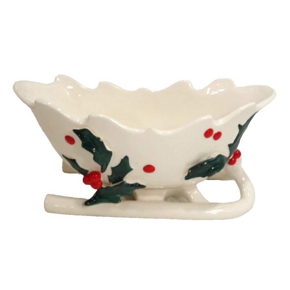 Vintage GRAVY BOWL Christmas ceramic sleigh with holly & berries LEFTON 1960's